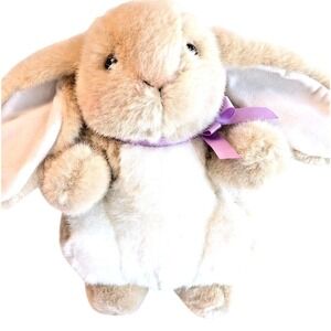 Vtg Hallmark BEAUREGARD BUNNY Tan Soft Fur 9in Rabbit Cream Tummy Purple Bow Tag